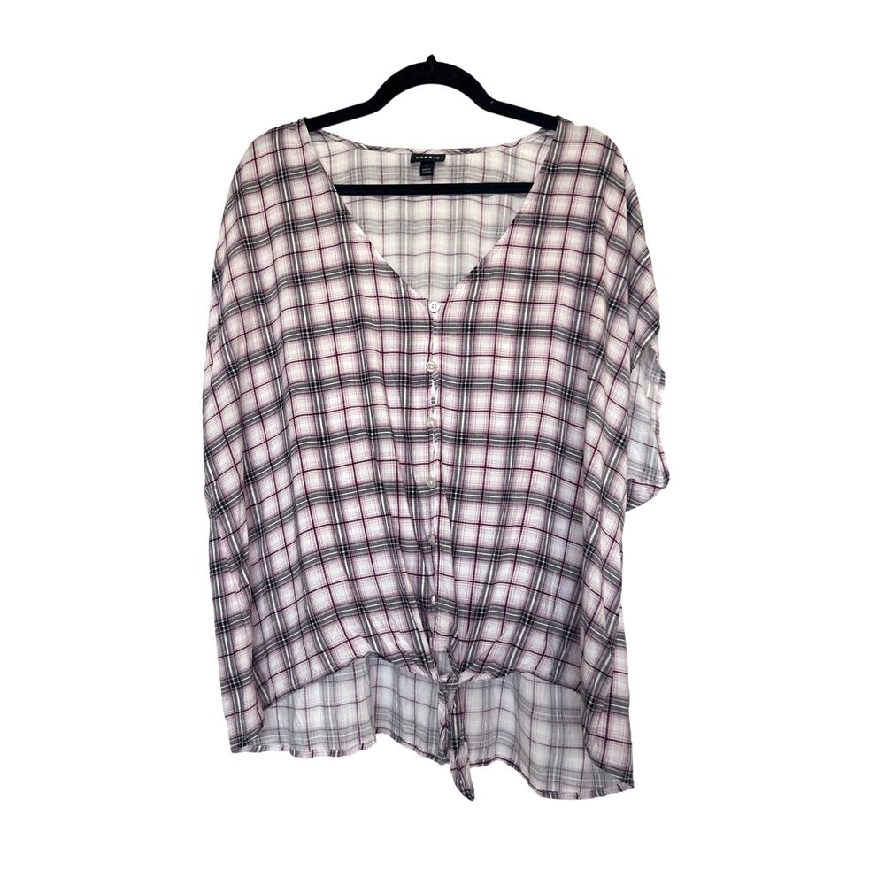 Torrid Purple, Black, and White Plaid Button Down with Tie Top